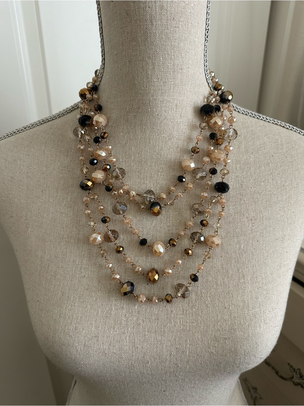 Layered Champagne and Black Faceted Bead Necklace